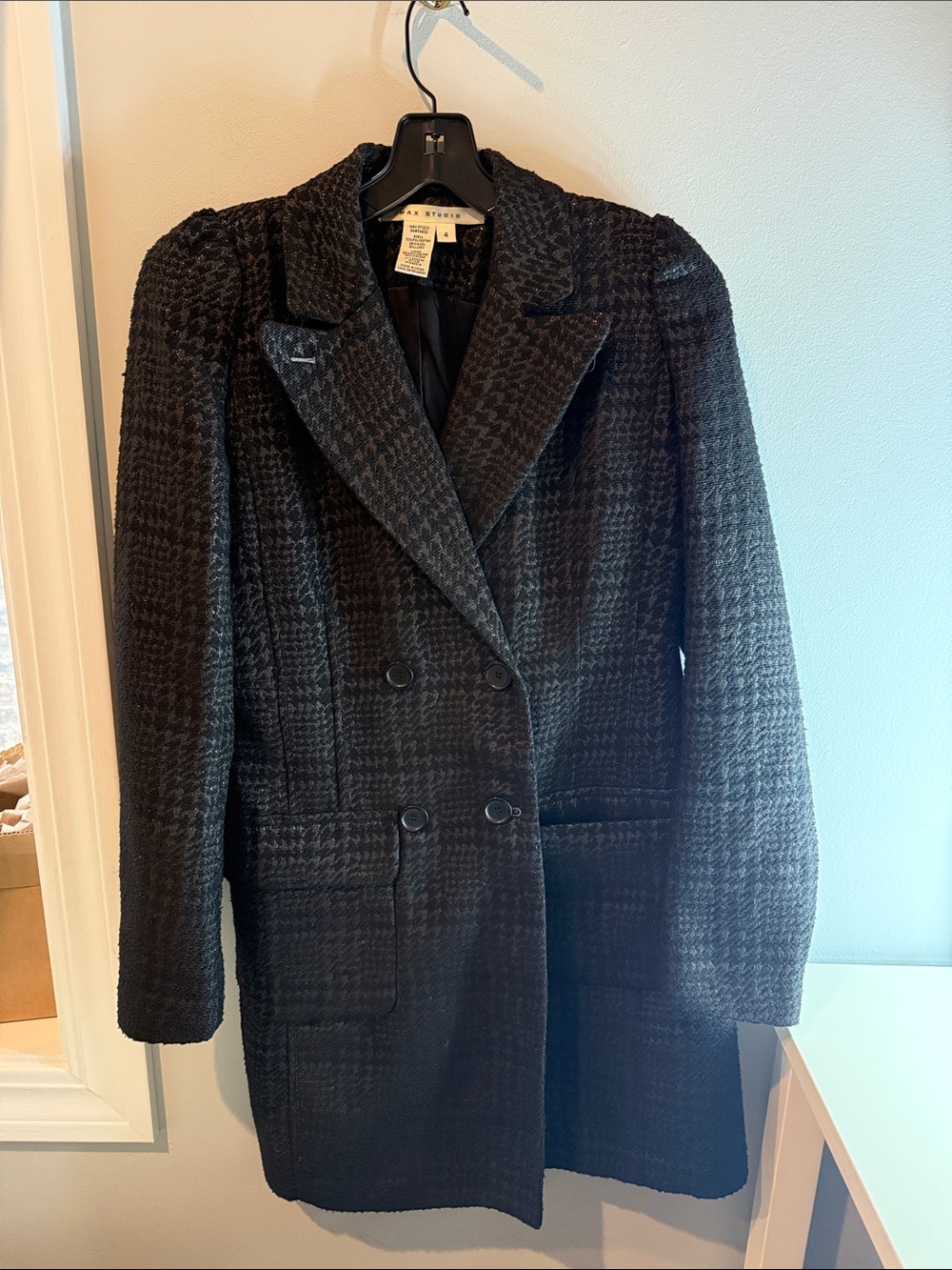 Max Studio Black Textured Double-Breasted Wool Pea Coat